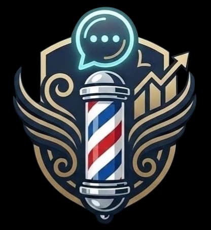 LINAJE Barber Management — Escudo ornamental con barber pole, alas doradas y burbuja de chat